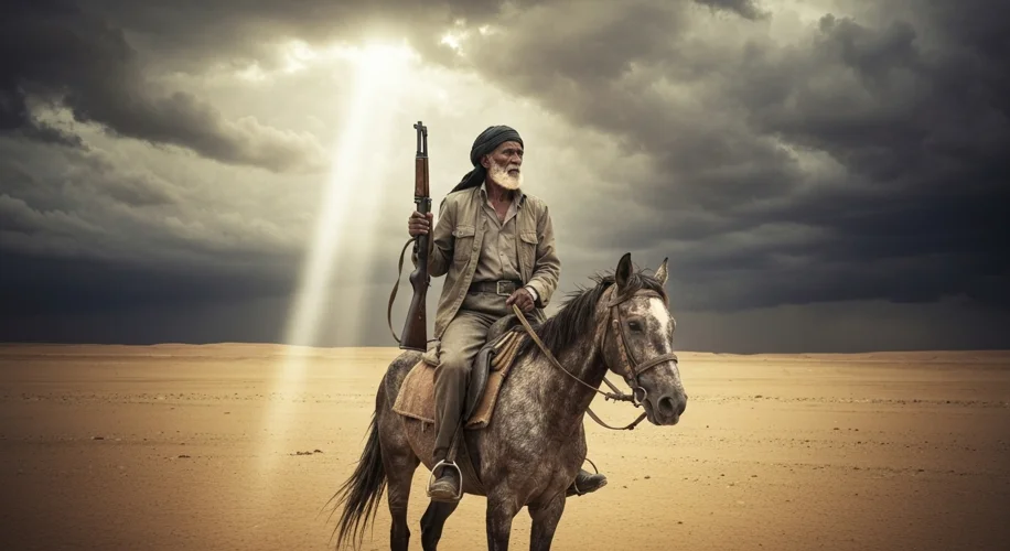 Omar Mukhtar, a dignified elderly Libyan resistance leader, on horseback, holding a rifle, with a de