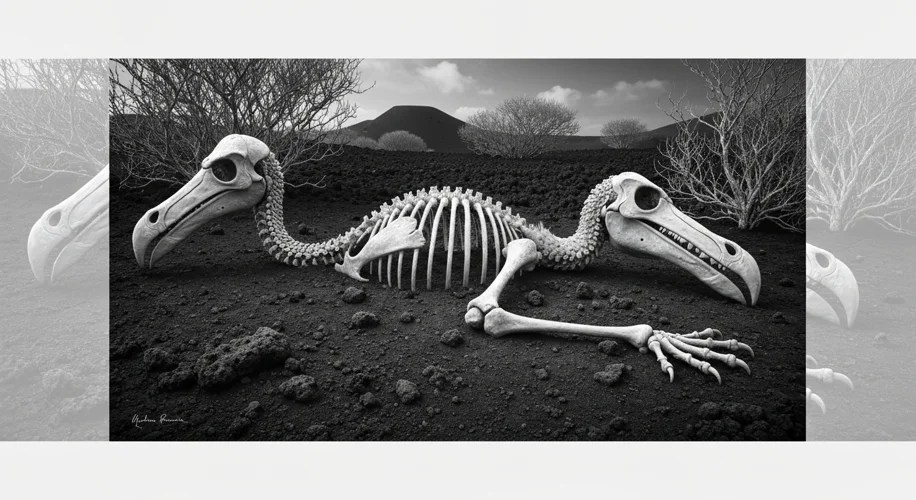 A somber, black and white illustration depicting the skeletal remains of a dodo bird scattered among