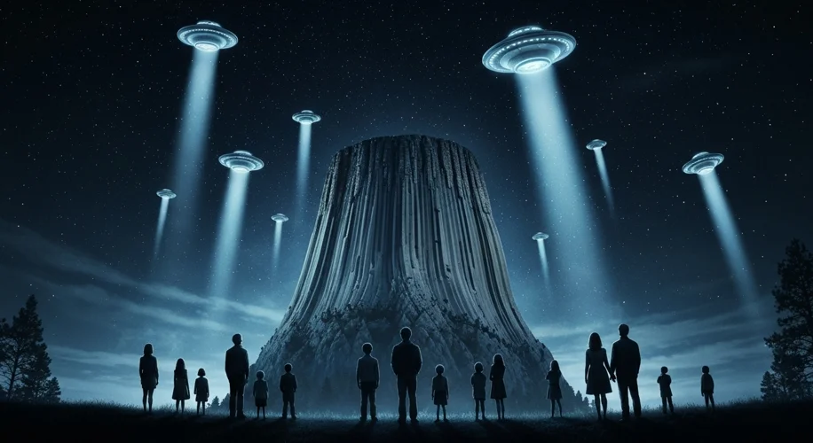A sweeping vista of the Devil's Tower at night, illuminated by the ethereal glow of multiple flying 