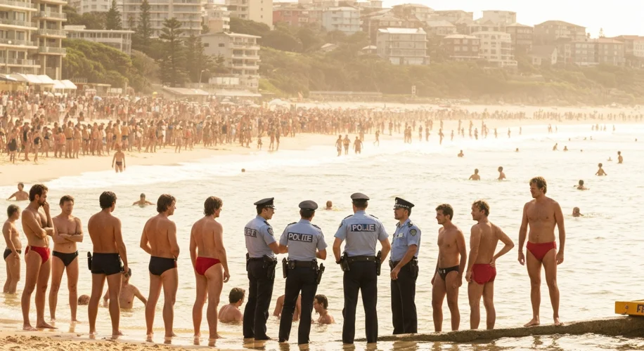 A wide shot of Bondi Beach in Sydney, Australia, on a sunny day in the 1970s. A crowd of people are