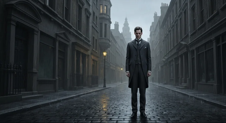 A stern-faced Victorian gentleman in a dark suit, standing stiffly in a dimly lit London street. He 