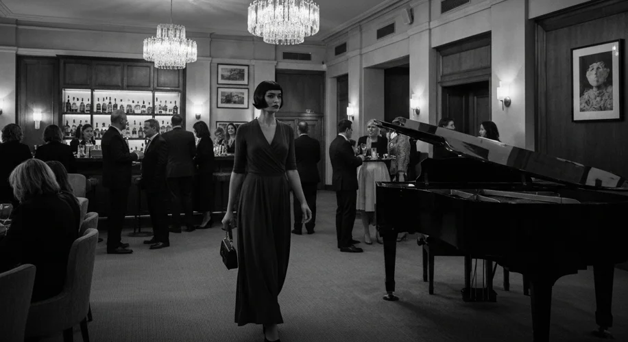 A dimly lit, crowded hotel ballroom filled with cheering supporters, with a prominent figure on a st