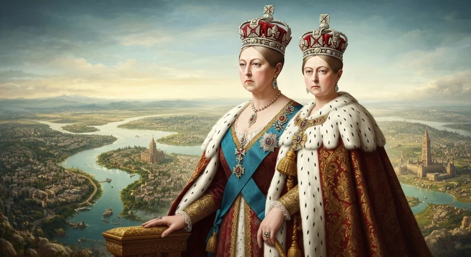 Queen Victoria in regal attire, perhaps wearing a crown or imperial regalia, with a backdrop suggest