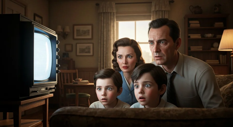 A vintage 1950s living room with a family gathered around a bulky, black-and-white television set, t