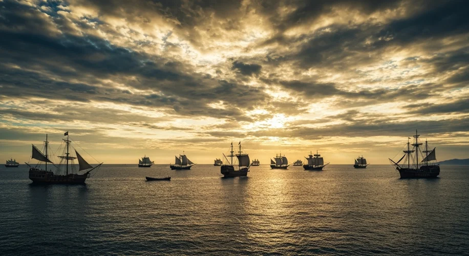 A sweeping, panoramic view of the Mediterranean Sea, with ancient sailing ships dotting the horizon 