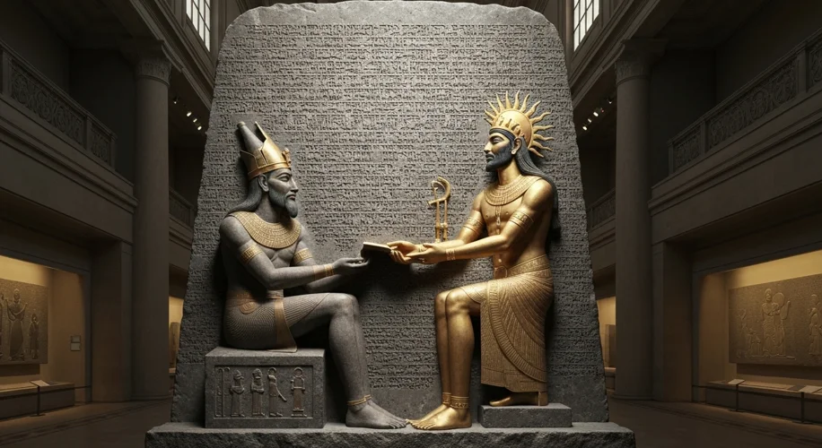 A dramatic, imposing basalt stele inscribed with Babylonian cuneiform, depicting King Hammurabi rece