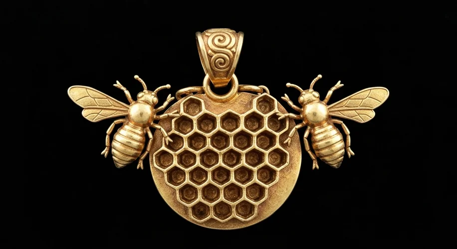 A Mycenaean gold pendant depicting two bees flanking a honeycomb. The pendant should be intricate an