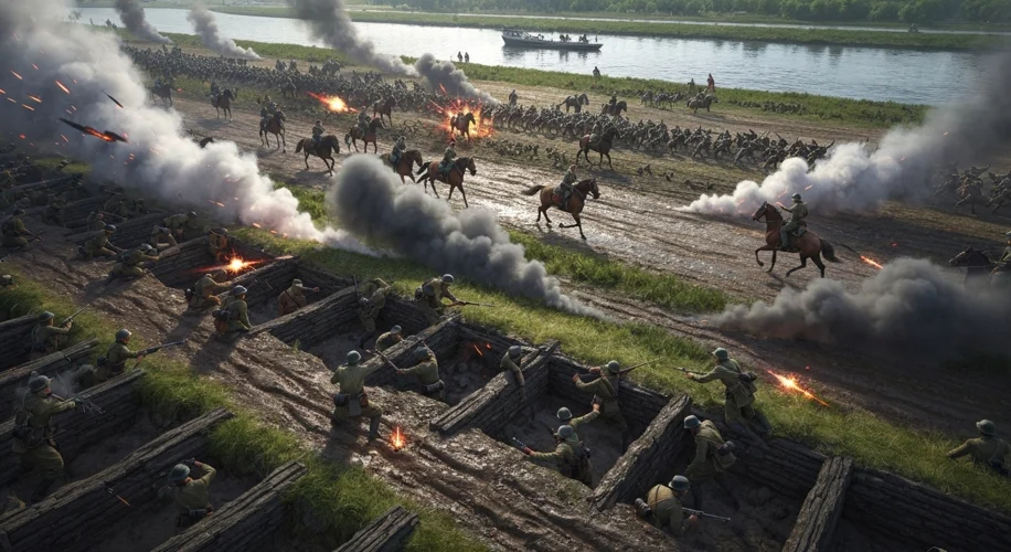 A dramatic overhead view of the Battle of Warsaw in 1920. Polish soldiers are defending trenches aga