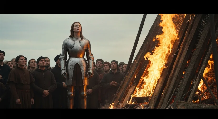 A somber scene of Joan of Arc on the pyre, looking towards the heavens, with onlookers and clergy wa
