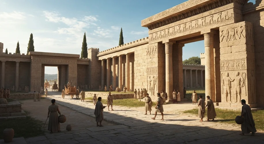 An artist's depiction of a bustling Mycenaean palace complex, with cyclopean walls, grand courtyards
