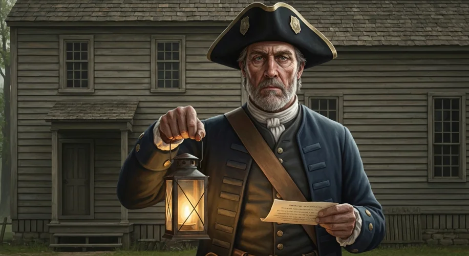 A historical illustration of a colonial-era police officer standing before a simple wooden house, ho