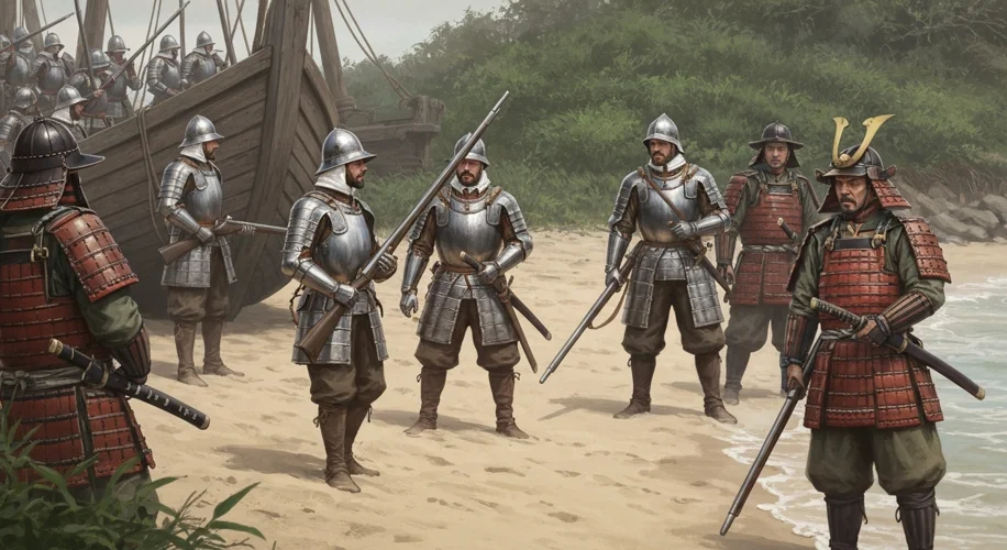 A historical illustration of Portuguese arquebusiers landing on a Japanese beach in the 16th century