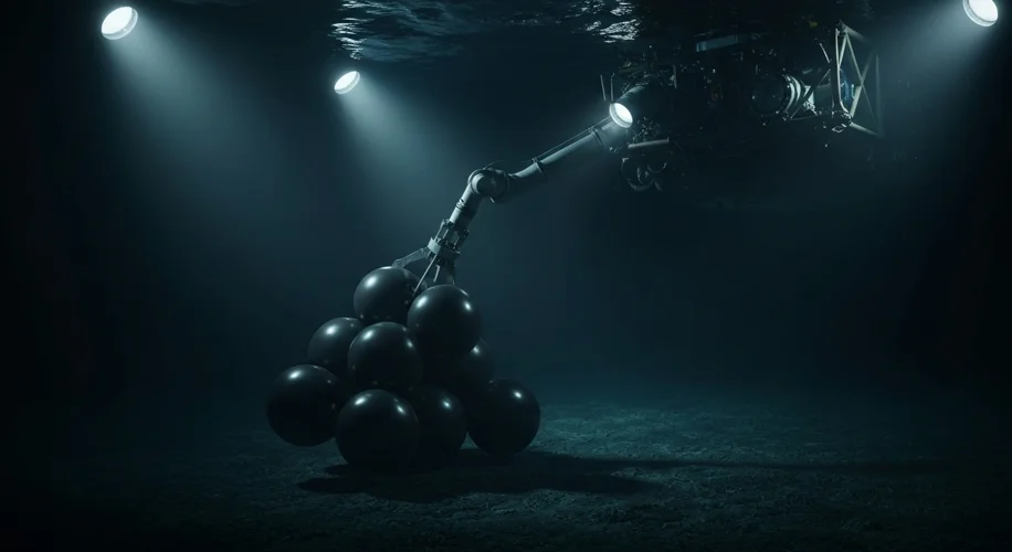 A deep-sea submersible's robotic arm carefully collecting a cluster of perfectly spherical, jet-blac