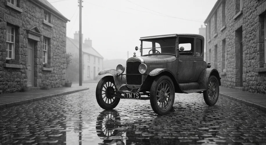 An old black and white photograph of a vintage car with a Tipperary registration plate, parked on a 
