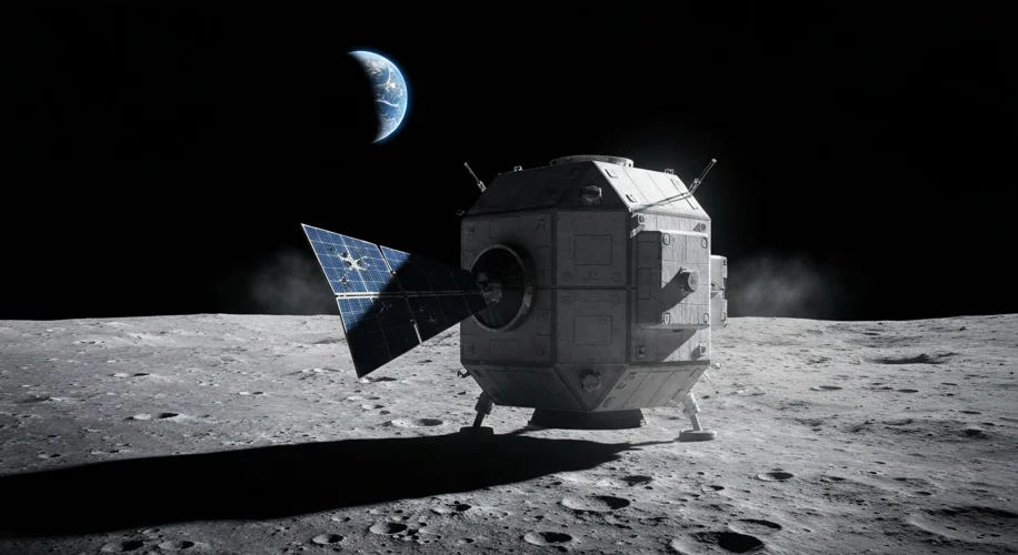 A sleek, futuristic NASA spacecraft is depicted against the stark, cratered surface of the Moon. One