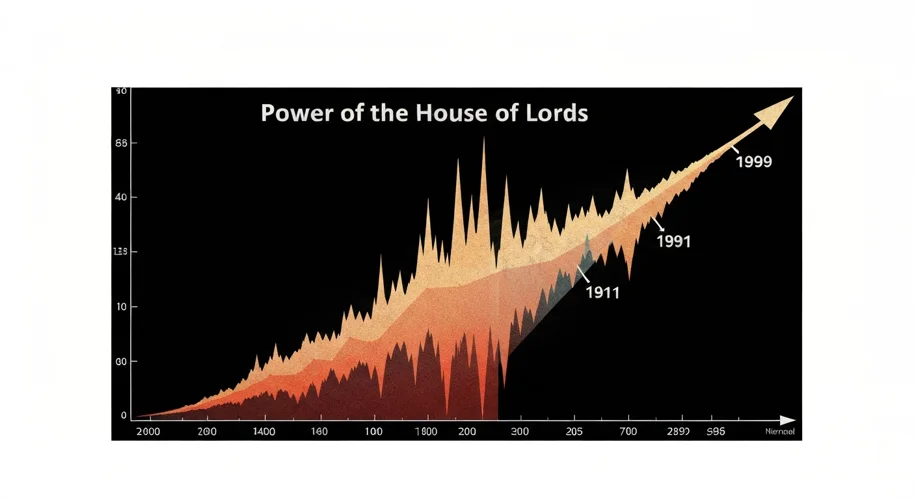 A stylized graphic showing a descending line graph, with the title 'Power of the House of Lords' at 