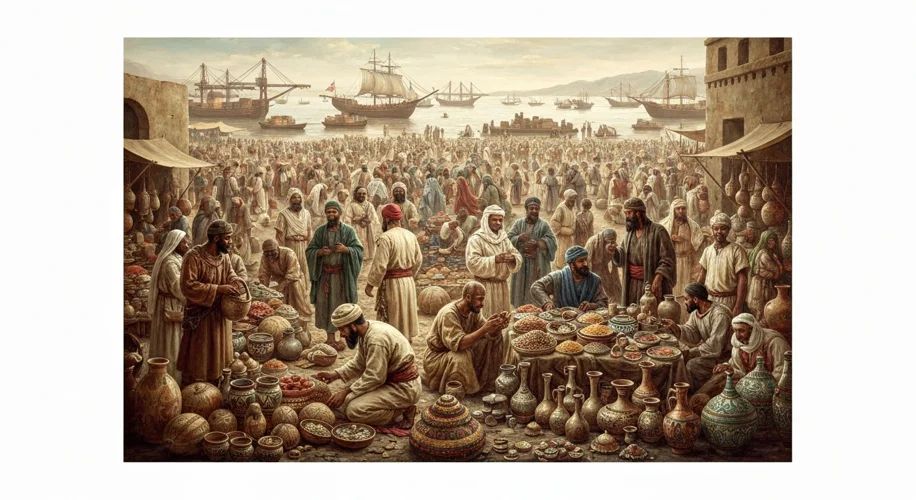 A vibrant marketplace in the 7th century, with merchants from diverse backgrounds displaying exotic 