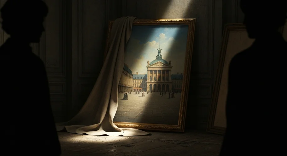 An old, ornate painting of a Parisian square, possibly Place de la Concorde, is partially visible, d