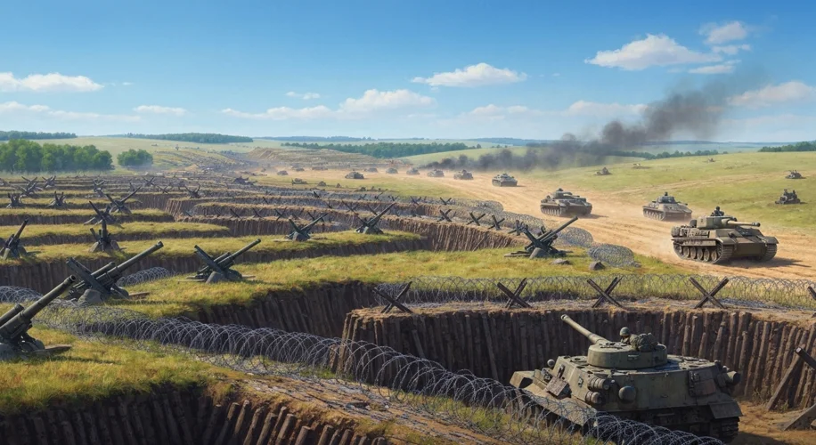 A vast, meticulously prepared Soviet defensive line, featuring multiple layers of trenches, anti-tan