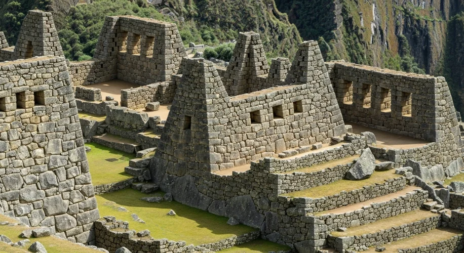 A close-up shot of the intricate Inca stonework at Machu Picchu, showing precisely cut stones fittin