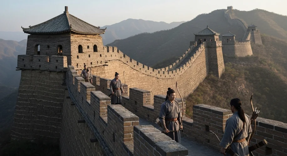 A historical depiction of early Chinese fortifications made of rammed earth and timber, with soldier