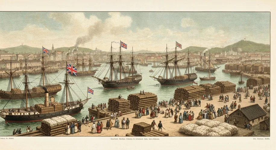 A 19th-century illustration depicting a bustling British colonial port with ships loading timber and