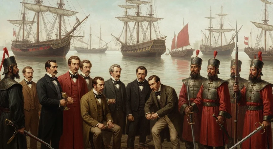 A 19th-century painting depicting Western ships anchored in a Chinese harbor, with merchants in the 