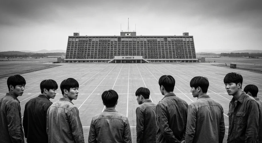 A stark, high-contrast image showing a group of young South Korean men in civilian clothing looking 