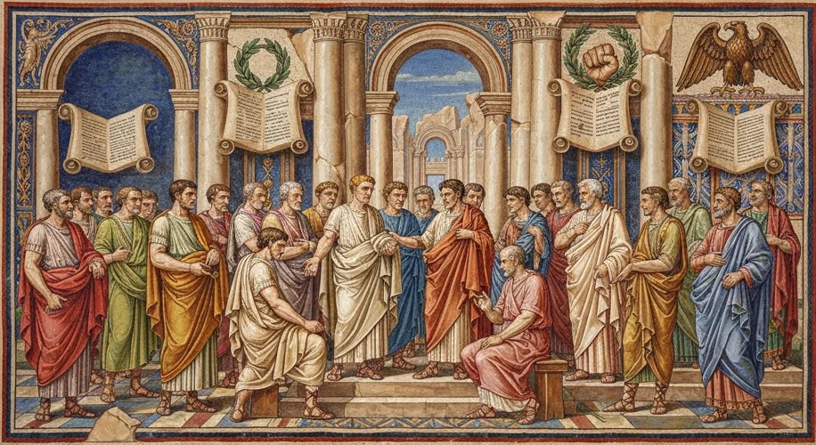 A Roman mosaic depicting a negotiation scene between Roman officials and representatives of a 'civit