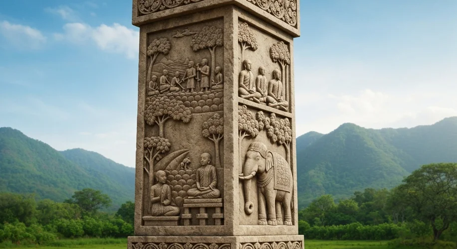 A detailed carving on a stone pillar depicting Ashoka's edicts, with symbols of Buddhism and scenes 