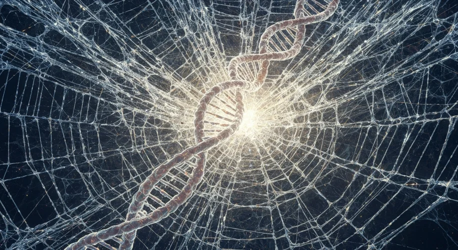 An artistic rendering of a spider's intricate web, with glowing, ethereal strands of DNA woven into 