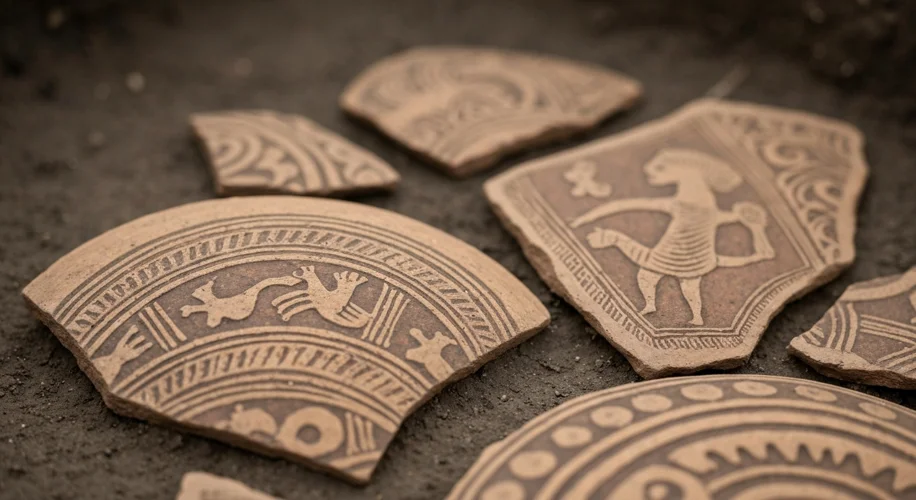 Close-up of pottery shards with intricate early medieval patterns discovered at a ringfort excavatio