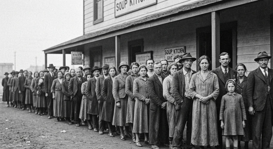 A black and white photograph of a long, somber line of men, women, and children waiting patiently ou