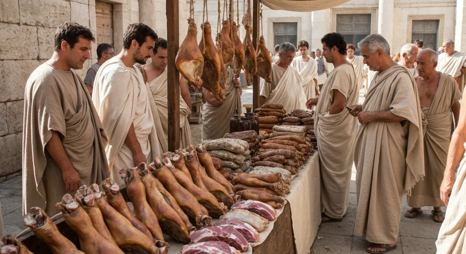 An ancient Roman marketplace with stalls displaying cured pork legs and salted meat, with people in 