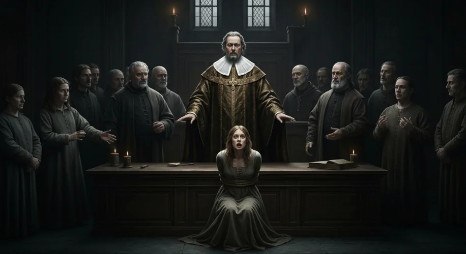 A dimly lit, medieval courtroom scene with a robed judge and accusers pointing at a terrified, bound
