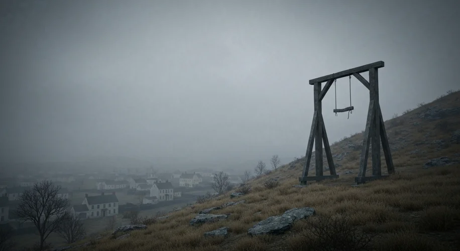 A stark image of gallows on a hill, with a colonial town in the background, evoking a sense of dread