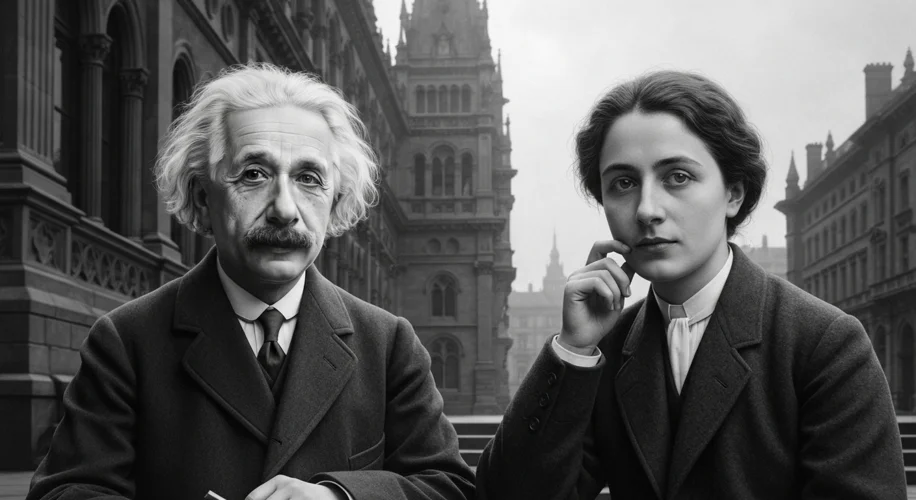 A black and white photograph depicting Albert Einstein and Mileva Marić in their younger years, poss