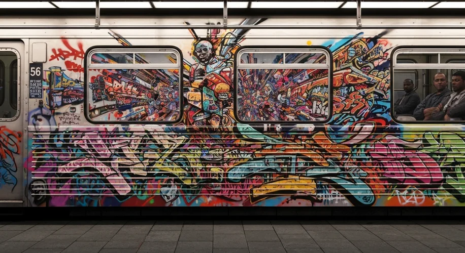 A vibrant graffiti mural covering a subway car, showcasing intricate lettering and colorful imagery.