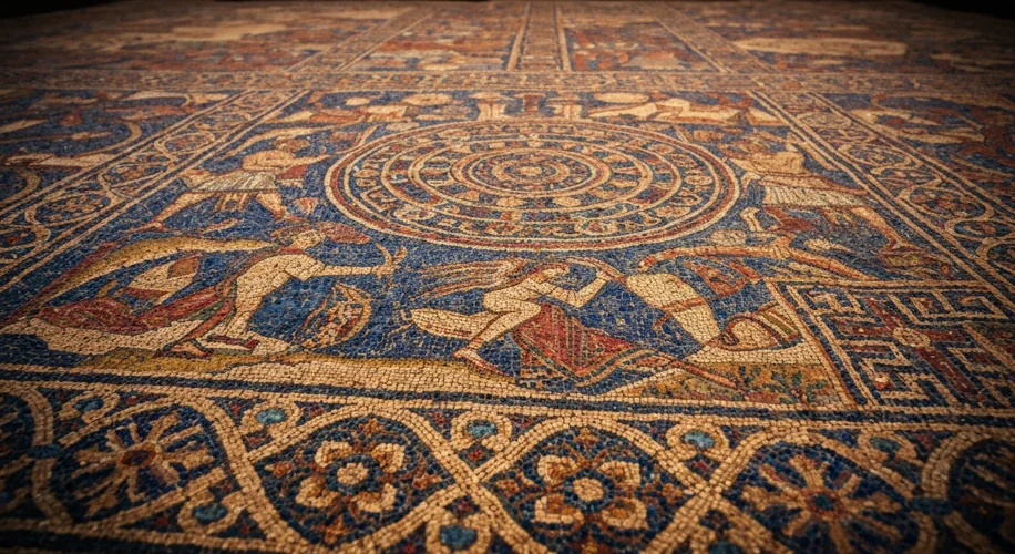 A detailed close-up of intricate mosaic artwork found at a Libyan archaeological site, depicting myt