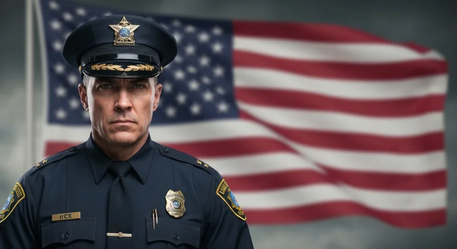 An ICE officer in uniform, with a serious expression, standing against a backdrop of the American fl