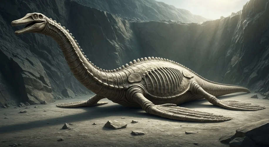 A detailed illustration of a newly discovered long-necked plesiosaur fossil, showing its paddle-like