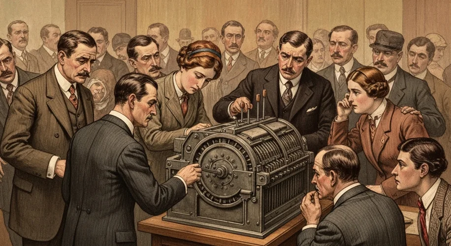A vintage illustration of an early 20th-century American polling station, with voters using large, l