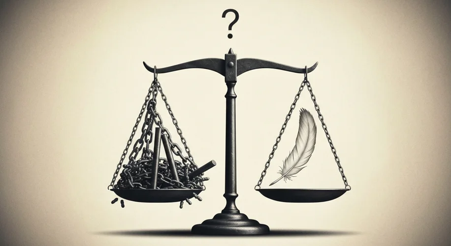 A visual metaphor of a scale, with one side heavily weighed down by chains and bars representing det