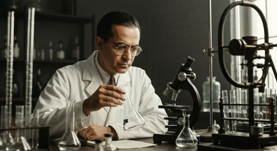 A vintage photograph of Homi J. Bhabha in a laboratory setting, surrounded by scientific equipment a