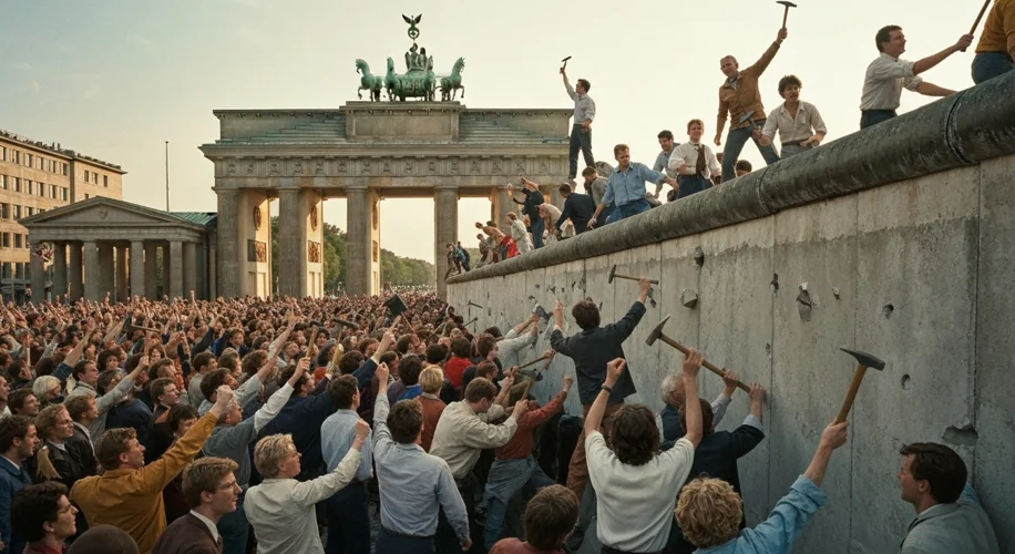 Crowds of jubilant East and West Berliners are seen celebrating atop the Berlin Wall near the Brande