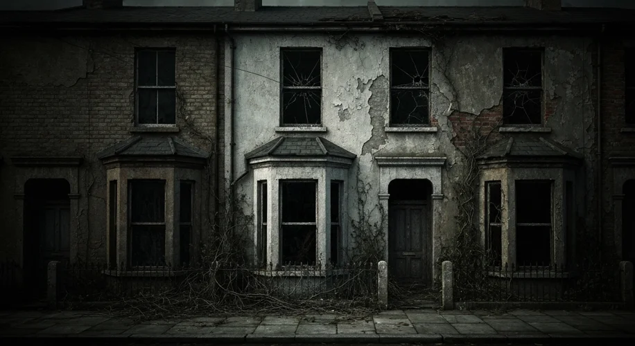 A dimly lit, narrow Victorian terraced house with peeling paint and overgrown weeds, evoking a sense