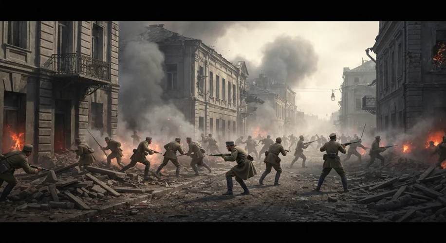 A dramatic scene of intense street fighting during the Russian Civil War, with Bolshevik Red Army so