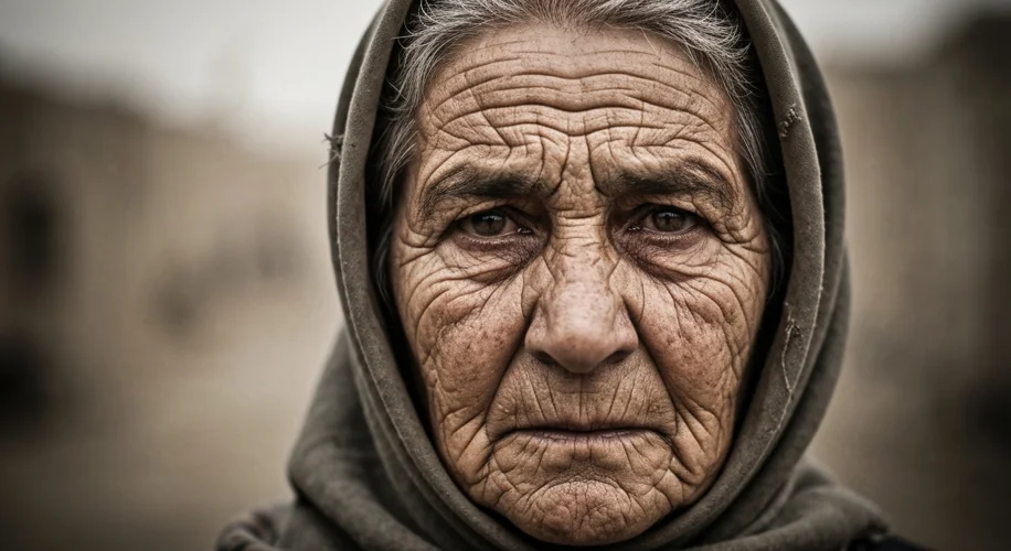 A somber, close-up portrait of an elderly Iranian woman looking directly at the camera. Her face is