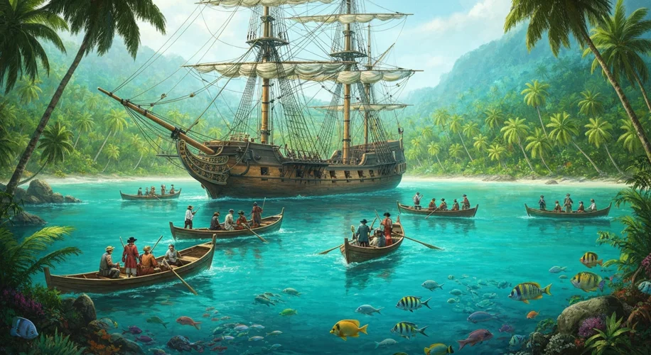 A 18th-century European sailing ship anchored in a lush, tropical Pacific bay. Small boats are being