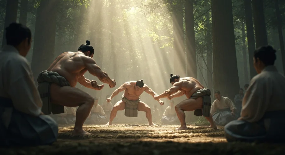 A dramatic illustration of ancient Shinto priests performing a sumo ritual in a lush, natural settin